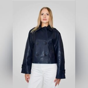 HANNA - CROPPED LEATHER JACKET Women's Navy Double-Breasted Leather Jacket